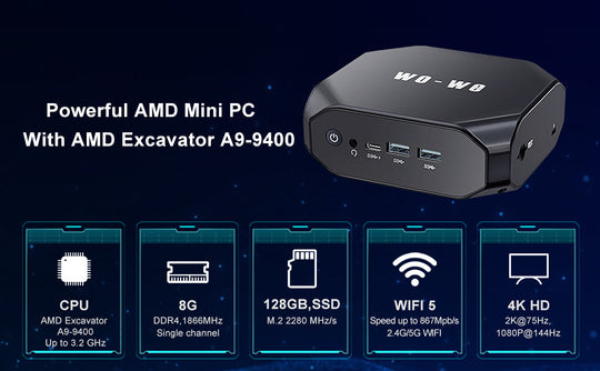 Wo-We Mini PC with AMD Excavator A9-9400 up to 3.2GHz, 8G DDR4, 128G，M.2 SATA SSD, Linux, Ubuntu-20.04.1